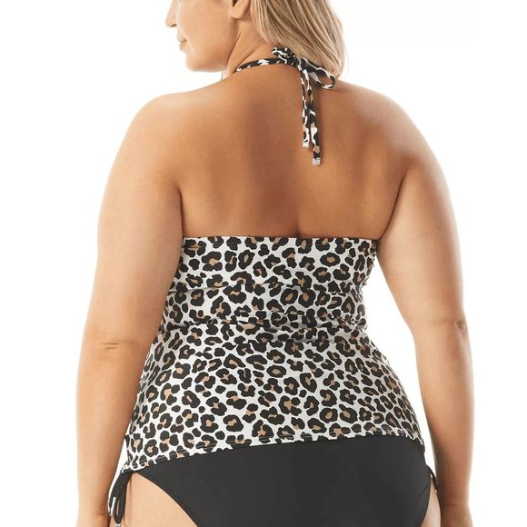 MICHAEL Michael Kors Plus Size Logo-Ring Shirred Tankini Top - Khaki Leopard 16W - Picture 6 of 7